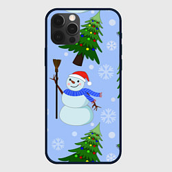 Чехол для iPhone 12 Pro Max Снеговики с новогодними елками паттерн, цвет: 3D-черный