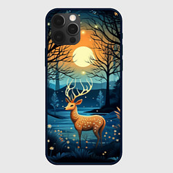 Чехол iPhone 12 Pro Max Олень в ночном лесу фолк-арт