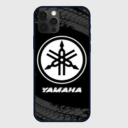 Чехол iPhone 12 Pro Max Yamaha speed на темном фоне со следами шин