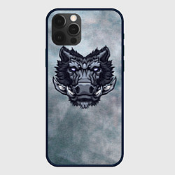 Чехол iPhone 12 Pro Max Стальной дикий кабан на сером фоне