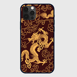 Чехол iPhone 12 Pro Max Черно-золотая гравюра дракона