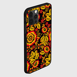 Чехол для iPhone 12 Pro Max Хохломская роспись золотистые листья и цветы чёрно, цвет: 3D-черный — фото 2