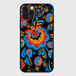 Чехол iPhone 12 Pro Max Хохломская роспись разноцветные цветы на чёроном ф
