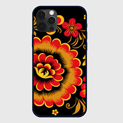 Чехол iPhone 12 Pro Max Хохломская роспись красно-жёлтые цветы на чёрном ф