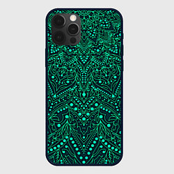 Чехол для iPhone 12 Pro Max Узоры мандала зелёный, цвет: 3D-черный