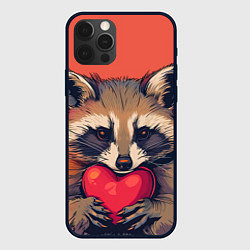 Чехол iPhone 12 Pro Max Влюбленный енот сжимает лапками сердце