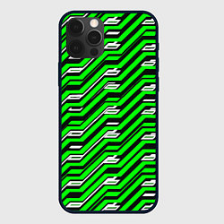 Чехол iPhone 12 Pro Max Чёрно-зелёный линейный узор киберпанк