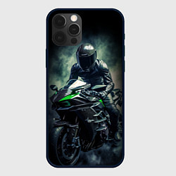 Чехол для iPhone 12 Pro Max Мотоциклист на спортивном байке черный фон, цвет: 3D-черный