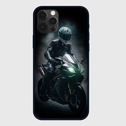 Чехол для iPhone 12 Pro Max Мотоциклист на спортивном байке черный фон, цвет: 3D-черный