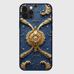 Чехол для iPhone 12 Pro Max Золотые узоры на синей ткани, цвет: 3D-черный