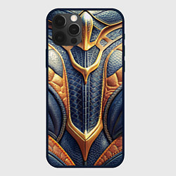 Чехол для iPhone 12 Pro Max Темная кожаная броня с желтой оплеткой, цвет: 3D-черный