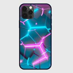 Чехол для iPhone 12 Pro Max Голубые и розовые неоновые плиты в разломе, цвет: 3D-черный