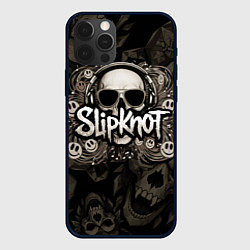 Чехол для iPhone 12 Pro Max Slipknot на фоне черепа в очках и наушниках, цвет: 3D-черный