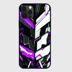 Чехол iPhone 12 Pro Max Хаотичная фиолетово-белая абстракция на чёрном фон