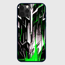 Чехол iPhone 12 Pro Max Зелёно-белые вертикальные полосы на чёрном фоне