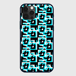 Чехол iPhone 12 Pro Max Бело-голубые фигуры на чёрном фоне