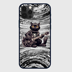 Чехол iPhone 12 Pro Max Чёрный кот играет на гитаре - нейроарт