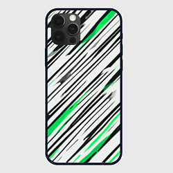 Чехол для iPhone 12 Pro Max Диагональные чёрно-зелёные полосы на белом фоне, цвет: 3D-черный