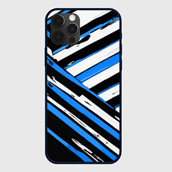 Чехол для iPhone 12 Pro Max Бело-синие диагональные полосы на чёрном фоне, цвет: 3D-черный