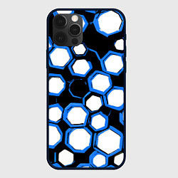 Чехол для iPhone 12 Pro Max Бело-синие шестиугольники на чёрном фоне, цвет: 3D-черный
