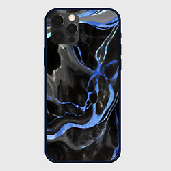 Чехол iPhone 12 Pro Max Синие флюиды на чёрном фоне