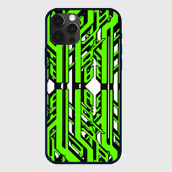 Чехол iPhone 12 Pro Max Чёрно-зелёные техно полосы на белом фоне