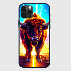 Чехол для iPhone 12 Pro Max Буйвол в неонновых лучах, цвет: 3D-черный