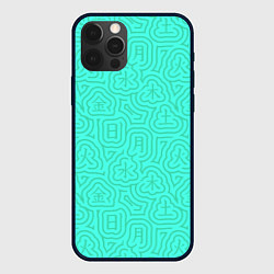 Чехол для iPhone 12 Pro Max Лабиринтовый паттерн с иероглифами на бирюзе, цвет: 3D-черный