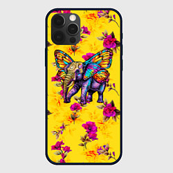 Чехол для iPhone 12 Pro Max Слон с крыльями бабочки на цветочном фоне, цвет: 3D-черный