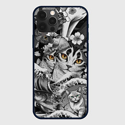 Чехол для iPhone 12 Pro Max С котами и рыбой на фоне сакуры в волнах, цвет: 3D-черный