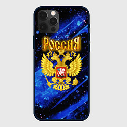 Чехол для iPhone 12 Pro Max Герб России на синей неоновой краске, цвет: 3D-черный