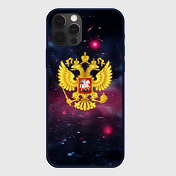 Чехол для iPhone 12 Pro Max Герб России и фиолетовое свечение, цвет: 3D-черный