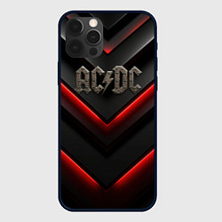 Чехол для iPhone 12 Pro Max ACDC лого из металла на черно-красной текстуре, цвет: 3D-черный