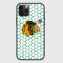 Чехол для iPhone 12 Pro Max Чикаго Блэкхокс - белые соты с зеленой обводкой, цвет: 3D-черный