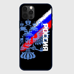 Чехол iPhone 12 Pro Max Россия с флагом и гербом на чёрном фоне