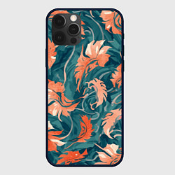Чехол для iPhone 12 Pro Max Рыже-бирюзовый паттерн с осенними листьями, AI, цвет: 3D-черный