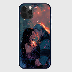 Чехол для iPhone 12 Pro Max Йеннифэр и Геральт и розовые лепестки, цвет: 3D-черный