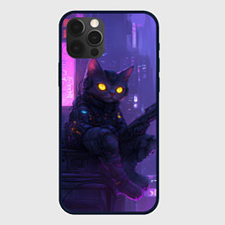 Чехол для iPhone 12 Pro Max Кот в стиле киберпанк сидит на крыше, цвет: 3D-черный