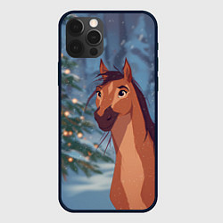 Чехол для iPhone 12 Pro Max Лошадь на фоне новогодней елки, цвет: 3D-черный