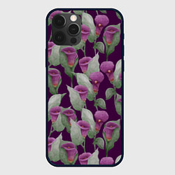 Чехол для iPhone 12 Pro Фиолетовые каллы на темно фиолетовом фоне, цвет: 3D-черный