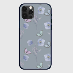 Чехол для iPhone 12 Pro Бабочки и цветы голубого мака, цвет: 3D-черный