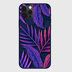 Чехол для iPhone 12 Pro Neon Tropical plants pattern, цвет: 3D-черный