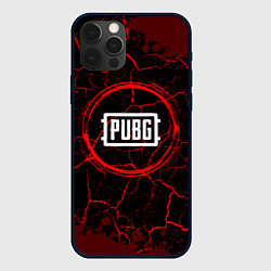 Чехол iPhone 12 Pro Символ PUBG и краска вокруг на темном фоне