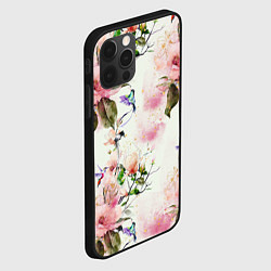 Чехол для iPhone 12 Pro Цветы Нарисованные Магнолии и Разноцветные Птицы, цвет: 3D-черный — фото 2