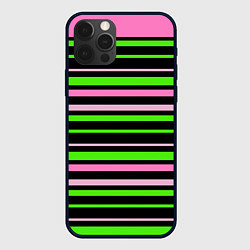 Чехол для iPhone 12 Pro Полосаты узор в зелено-розовых оттенках на черном, цвет: 3D-черный