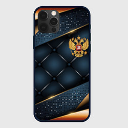 Чехол iPhone 12 Pro Золотой герб России на объемном фоне