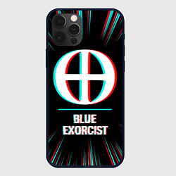 Чехол iPhone 12 Pro Символ Blue Exorcist в стиле glitch на темном фоне