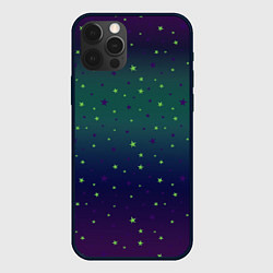 Чехол для iPhone 12 Pro Неоновые зеленые и сиреневые звезды на темно зелен, цвет: 3D-черный