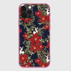 Чехол для iPhone 12 Pro Новый год 2023 красные цветы и олени, цвет: 3D-малиновый