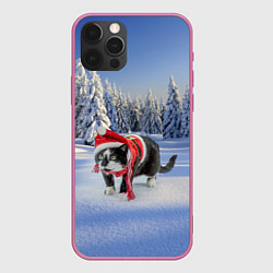 Чехол для iPhone 12 Pro Ряженый котик в зимнем лесу, цвет: 3D-малиновый